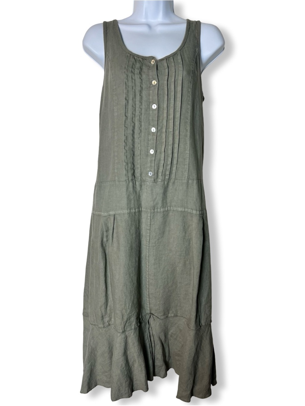 Made in Italy Olive Sage Green 100% Linen Sleeveless Pintuck Midi Dress Sz. M